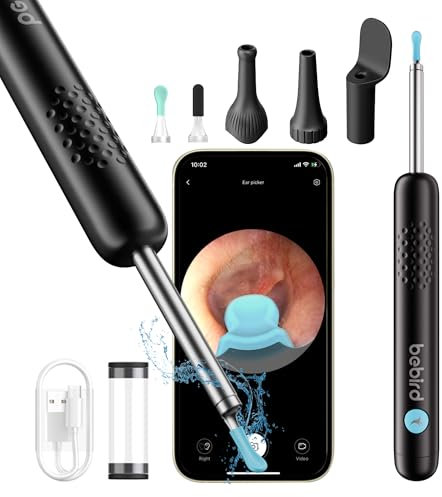 Bebird Pro Otoscoop R1, 1080P HD Pulitore orecchie con fotocamera, Otoscopio con luce, Otoscopio grandangolare IP67, impermeabile, per adulti, bambini, iOS, Android, nero