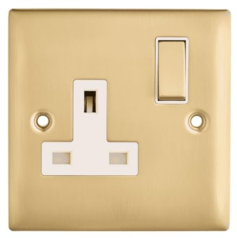 Britelite Single Plug Socket with Switch, Brushed Brass, 13A | Type g UK wall outlet; 13 amp zinc made electrical hardware for home décor; includes 1 x socket and suitable fixings.