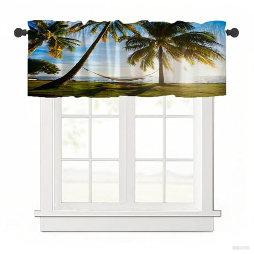 Odot Tenda Corta per Finestra Cucina,Tende da Bistrot Cucina Semitrasparenti,Mantovane Corte Stampa Paesaggio Estivo,per Decorazione Finestre Piccole Soggiorno Camera da Letto (Palma,137x45cm)