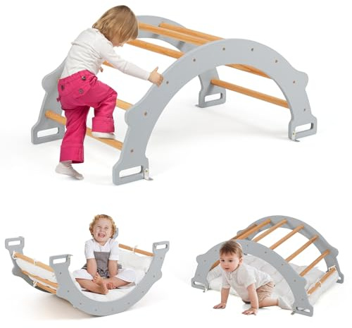 GOPLUS Kinder Kletterbogen mit Kissen, Kletterdreieck Indoor aus Holz, Klettergerüst zum Wippen und Klettern, Holzkletterbogen und Wippe für Kinder ab 3 Jahren (Grau)