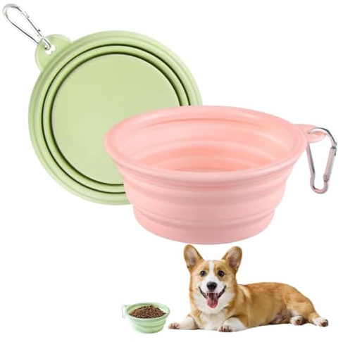 GNALIA Hundenapf Faltbar 2 Stück, Silikon Näpfe Für Hunde Unterwegs, Pink Und Grün 350Ml, Auslaufsicher Mit Karabiner Für Wasser Und Futter, Tragbar Für Reisen Mit Hunden Und Katzen