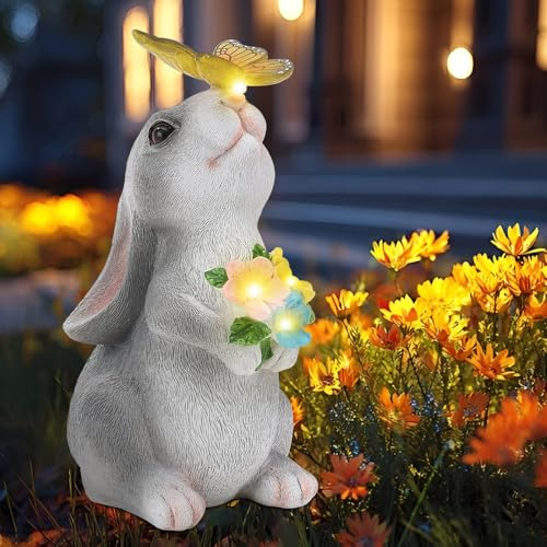 KBIBCK Rabbit Solar Garden Ornament Outdoor with Solar Butterfly, Garden Bunny Figurine Decor, Animal Gardens Statue Decoration for Patio Yard Lawn Balcony Porch