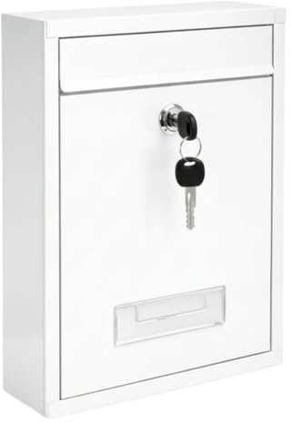 Assorted Collections Wall Mounted Lockable Letter Box | Modern Steel Post Box with Key | Weatherproof Outdoor Mailbox | A4 Compatible | 31 x 22 x 9 cm – White
