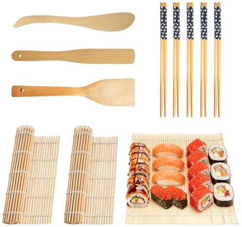 Gangyumaoyi Sushi Set zum Selber Machen: 3 StückSushi Matte Bambus, 5 PaarSushi Stäbchen Set Essstäbchen, 1 Pfannenwender, 1 Formstab, 1 Schneidewerkzeug, Sushi Maker Set für Anfänger Making Kit