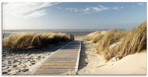 ARTland Wanddeko Glasbilder Wandbild Glas Bild einteilig 100x50 cm Querformat Strand Meer Küste Nordsee Natur Landschaft Dünen Gräser Steg Maritim T5RM