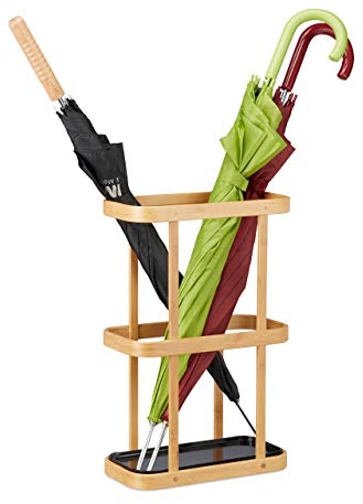 Relaxdays Schirmständer Bambus, Schirmhalter mit Auffangschale aus Metall, Stockhalter, HxBxT: 45 x 29,5 x 15 cm, natur
