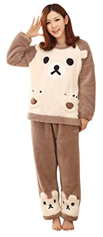 WSLCN Set di pigiami da donna con motivo animale, grazioso, tutina da notte, per autunno e inverno, in pile caldo