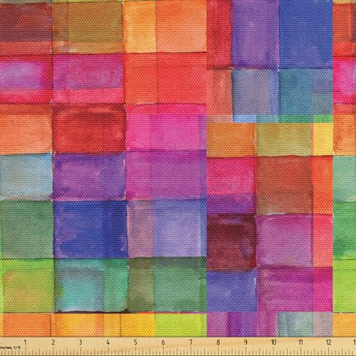 ABAKUHAUS Abstrakt Gewebe als Meterware, Regenbogen-Farben-Quadrate, Schön Gewebten Stoff für Polster und Wohnaccessoires, 1M (148x100cm),Rosa Rot