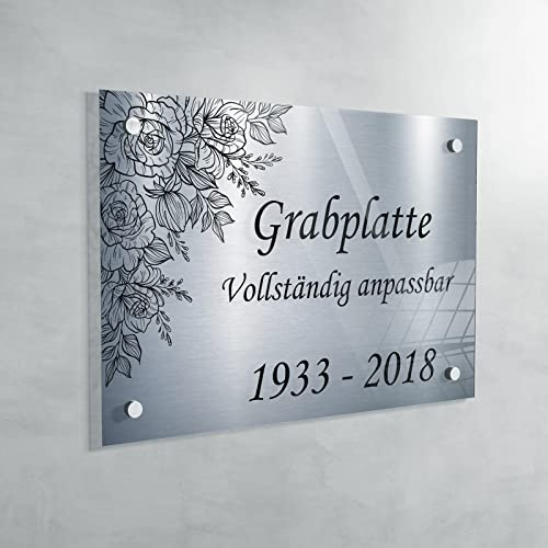 Personalisierte Troglass Grabplatte - 10 Farben und 30 Designs Erhältlich - Anpassbare Abmessungen (fond Argent - Silber) | Silberfarbener Hintergrund – 20 x 30 cm – Gedenkstein – Farbe, Motiv und Maße personalisierbar – einfache Befestigung