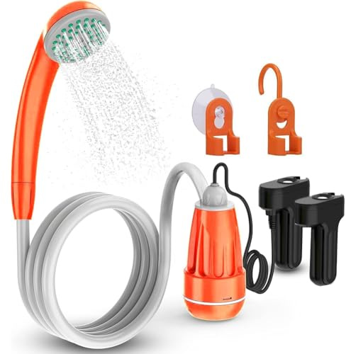 Zooma Bärbar campingdusch, campingdusch med nedsänkbar pump, bärbar för utomhusbruk, vattenpump för camping (Oranje 2 (2 batterijen))