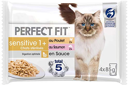 Sensitive 1+ Frischebeutel für ausgewachsene Katzen, sterilisiert, erfüllt die spezifischen Bedürfnisse Einer sterilisierten Katze, reich an Huhn und Lachs, 52 Beutel à 85 g