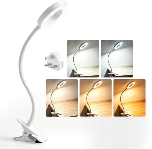 Akynite Lampe de Bureau Blanche avec Pince et Timer, Adaptateur inclus, 5 Couleur 10 Intensite, LED Lampe USB Flexible, Clip Lampe de Lecture au Lit Enfant, Lampe Pince pour pour Artisanat Couture