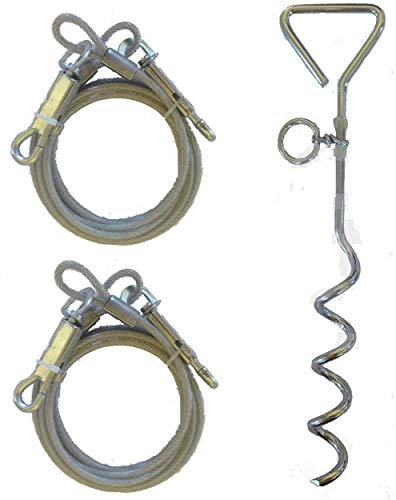 Set of 2 x 6ft (1.8m) Dog Tie Out Cables with 1 x 16 Metal Spiral Ground Stake Spike (Silver & Silver)