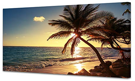 Muolunna S04950 Wall Art Decor Large Canvas Print Picture Sunset Ocean Beach Waves 1 Panel Coconut Tree Scenery Modern Painting Artwork for Office Home Decoration Stretched and Framed Ready to Hang
