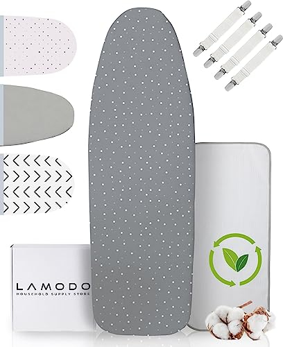 lamodo® - Bügelbrettbezug 150x50 - Bügelbezug aus 100% Baumwolle - Dampfbügelgeeignet - Extra Dicke Polsterung + Gummizug und Spanner, XXL 145-150 x 45-55cm