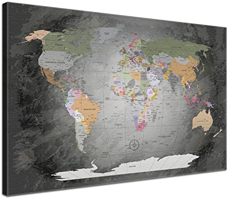 LANA KK - Premium Pinnwand Weltkarte - Edelgrau - Deutsch - in 80 x 60 cm, stabile Rückwand zum Pinnen inkl. Starterkit - Leinwand-Kunstdruck Wandbild Landkarte XXL