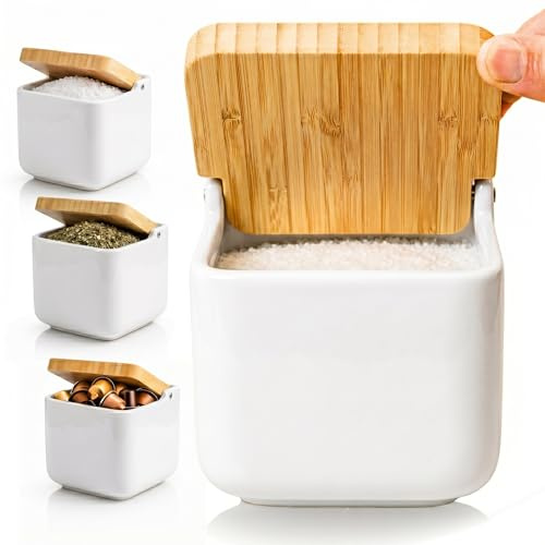 KOOK TIME Ceramic Salt Cellar with Bamboo Swivel Lid | Modern Kitchen Storage Pot for Salt, Spices or Sugar | 11.5 cm White Matt Finish