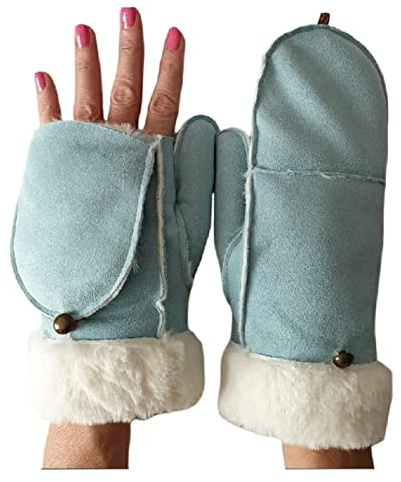 AXELENS Damen Winterhandschuhe Elegant aus Wildlederimitat – Warme Öffnende Fäustlinge mit Fleecefutter und Kunstpelz-Bündchen – Größe S/M