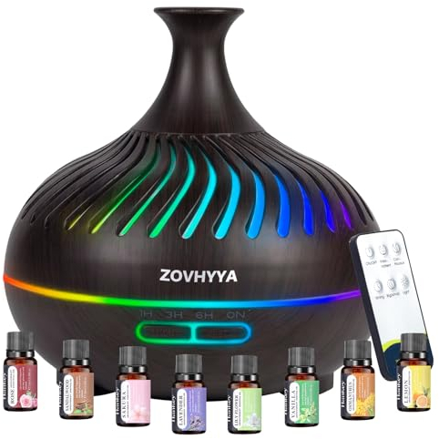 ZOVHYYA Aroma Diffuser 500 ml für Ätherisches Öle Mini luftbefeuchter Mit 7 Farben 8 Ölen Aromatherapie-Diffuser Wenig Lärm Mit Fernbedienung 4 Timer 2 Sprühbilder Geeignet für Wohnzimmer