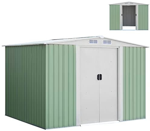 GiantexUK 6x4FT/8x4FT/8x6FT Metal Garden Shed, Outdoor Galvanized Storage House with 4 Air Vents & 2 Lockable Sliding Doors, Slope Roof Utility Shed Building for Backyard Garage (8x6FT, Light Green)