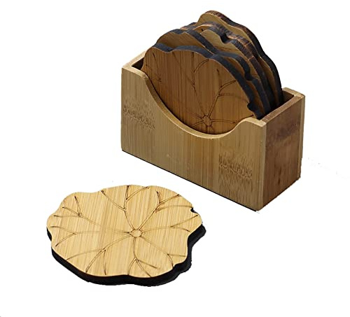 Yurosiay Juego de 6 posavasos de bambú de 8 cm de hoja de loto redondos, posavasos de bambú con caja de almacenamiento, taza de té vintage, platillos de bambú, posavasos de madera, decoración de mesa