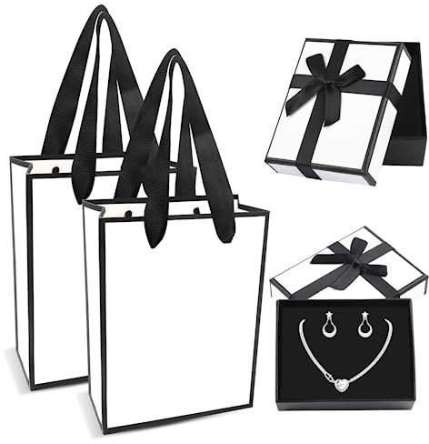 SvalorBox 2 Pcs Gift Sets, Small Black Ribbon box, Paper boxes for Jewellery, Bracelets, Earrings, Rings, Bangle Charms (9x7x3cm), Black and White