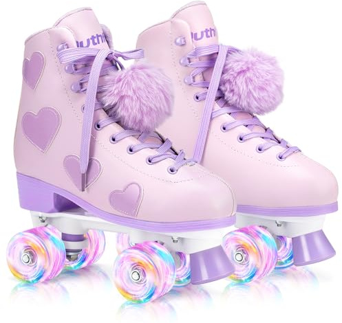 Ruthfot Patins à roulettes classiques pour femme et fille avec roues lumineuses et motif cœur en cuir synthétique violet