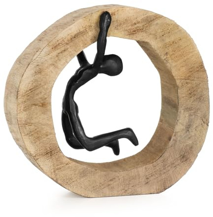 Moritz Keep Going 18,5 cm Schwarz – Mangoholz Dekofigur Skulptur Motivation | Aluminiumfigur auf Naturholzring, Handarbeit und Unikat, Symbol für Willenskraft, edle Geschenkidee fürs Büro