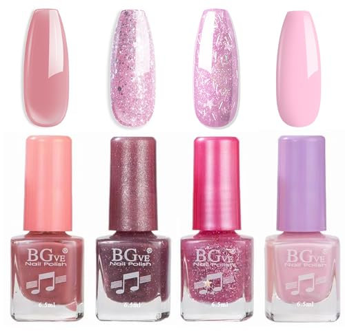 EONFAVE Glitter Nail Polish Set - Pink Varnish With Quick Dry, Long Lasting Formula - 4 Colors Nude Glitter - Oil-Based Gift Set - No Need to Cure
