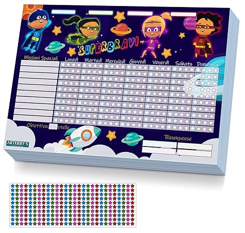 Arterby's® – Tabla de recompensas – 25 hojas A4 de cartón duro Eco y 280 pegatinas estrellas 4 colores – Tabla de actividades motivar psicomotricidad infantil (italiano, Superhéroes – COL001)