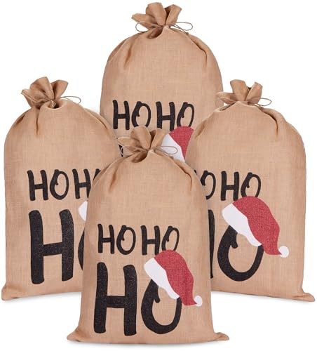 BRUBAKER Weihnachtssack Ho Ho Ho - 80 cm Geschenksack Weihnachten - Nikolaussack Jutebeutel Sack mit Kordel zum Verpacken von Geschenken - Jutesack groß - 4 Stück