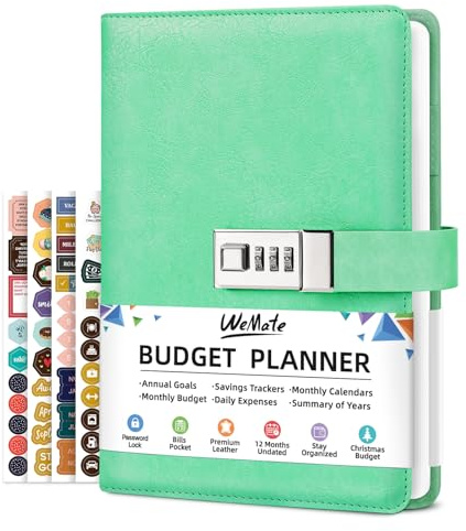 WEMATE Planificateur de Budget Avec Verrou – Livre de Budget Mensuel Avec Carnet de Suivi des Dépenses, Organiseur de Factures, Planificateur Financier et Livres de Comptes 2024, A5,Vert