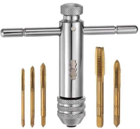 sourcing map T-Handle Ratchet Tap Wrench + Metric Tap Set, 5pcs M3 M4 M5 M6 M8 Ti-Coated Thread Taps and M3-M8 Adjustable 4.3 Short Ratcheting Wrench Hand Tapping Tools