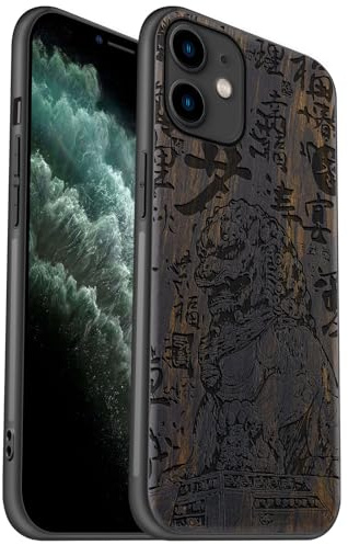 Carveit Coque en Bois pour iPhone 11 Étui Protection Artistique Cover TPU Souple de téléphone Antichoc Compatible avec Apple 11 Etui (Bois Sombre-Les Lions Gardiens Chinois)