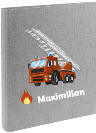 minimutz Zeugnismappe Kinder mit Name personalisiert - Dokumentenmappe Feuerwehr-Auto für Jungen - Zeugnisordner Leinen zum Einsortieren (grau)