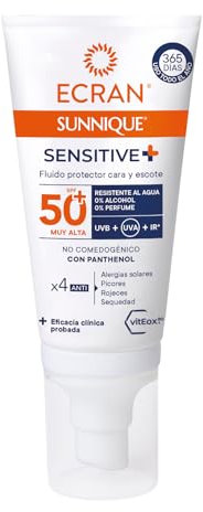 Ecran Sunnique Sensitive - Fluido Protector Facial para Cara y Escote FPS +50 | Fórmula con Pantenol, Resistente al Agua, sin Perfume ni Alcohol para Pieles Sensibles | 50ml