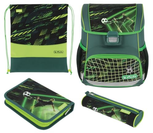 Herlitz Schulranzen Set 4-teilig Loop Game Changer Grün 17 L Ergonomischer Tornister mit geringem Gewicht 1. Klasse Junge Mädchen Kinder, Fußball