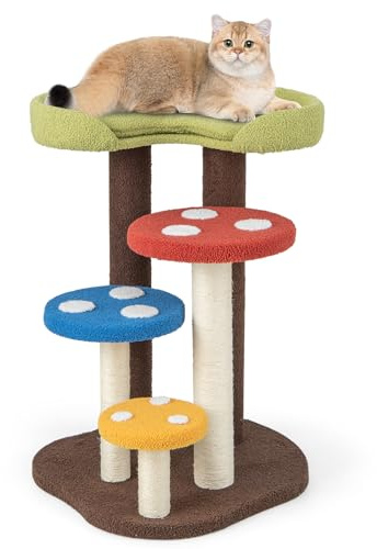 GYMAX Pilz Modell Kratzbaum, Kletterbaum mit Sisalstämmen, Katzenkratzbaum mit Kratzbrettern & Federball, Katzenbaum mit Höhle/Plattformen, für Wohnzimmer & Schlafzimmer(4 Plattformen)