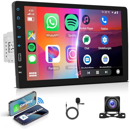 Hodozzy 9 Inch Single Din Car Stereo with Wireless Carplay and Android Auto, Car Stereo Touch Screen 1 Din Head Unit Support Bluetooth Hands-free Mirrorlink USB FM EQ Car Radio Receiver+Backup Camera