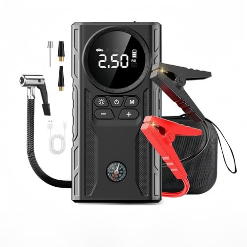 MIOLOE 1000A Starthilfe Powerbank mit Kompressor, 4-in-1 tragbarer 12V Auto-Starthilfe-Akku-Booster, 150 PSI digitaler Reifenfüller, Powerbank, LED-Taschenlampe, mit Aufbewahrungstasche (Schwarz)