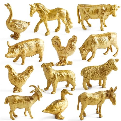 Zgehnao 12 Stück Goldene Realistische Bauernhof Geflügel Tiermodelle Figuren Huhn Ente Schwein Kleine Tierfiguren Geburtstagsgeschenk