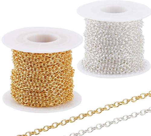 SOFPLATE 66 Feet/20M 2 Roll Cable Chain Bulk Jewelry Chains Roll with Spool 4 x 3mm Oval Iron Silver Unwelded Gold Metal Curb Extension Connectors Links for Jewelry Making Bracelet Necklace DIY Crafts
