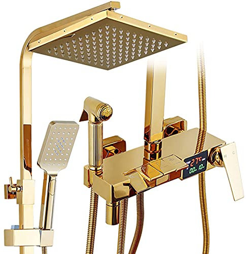 sjdoPulse Doccia Oro,Set Rubinetto Doccia A Parete A 4 Funzioni con Doccetta Bidet,Display Temperatura,Miscelatore Doccia Vasca