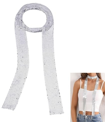 Fashion Women's Sparkle Metal Sequins Neck Tie Scarf - Glitter Thin Skinny Long Neckerchief, Silver Costume Accessory for Stage Party Show Carnival - 150CM