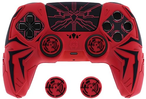 PlayVital Coque pour ps5 Grip Manette pour ps5 Joystick,Étui Housse Protection avec Capuchon Stick Analogique & Autocollant,Controller Cover Skin Compatible avec Station de Charge-Rouge & Noir