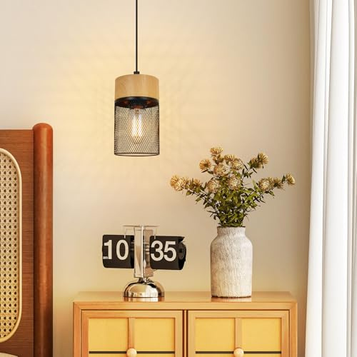 GBLY Hängelampe Vintage Pendelleuchte Esstisch 1 Flammig Hängeleuchte mit | 3 Birnen Gitter Holzmaserung Wohnzimmer Esszimmerlampe Industrial MAX.40W Esstischlampe für Küche Bar Flur