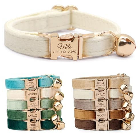 CHRYMPETIC Nicht Abnehmbares Samt Katzenhalsband Personalisiert mit Namen - Personalisierbares Halsband mit Glöckchen und Fliege Verfügbar (Cremefarben) | Gravierter Name und Telefonnummer, weiches Samt-Finish, Glocke und Fliege erhältlich