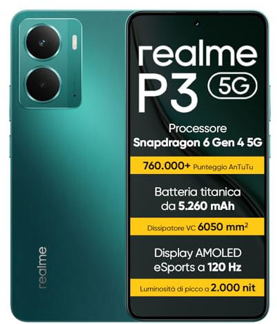 realme P3 5G Smartphone 12+512 GB, Processore Snapdragon 6 Gen 4 5G, Batteria titanica da 5260mAh,Ricarica rapida da 45W, AMOLED da 120 Hz, Luminosità di picco a 2.000 nit, IP69, Green