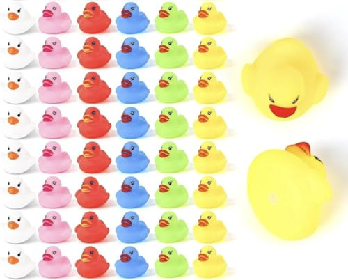DERAYEE 50Pcs Mini Canard en Caoutchouc，Mignon Petit Canard Flottant - 6 Couleurs - Jouet de Bain pour Douche/Anniversaire/Fournitures de Fête