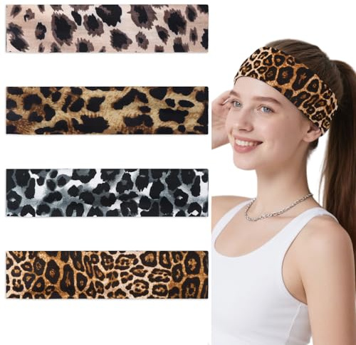 4 Stück Stirnband Damen Sport Haarband Damen Herren Leopardmuster, Elastisches Schweißband Stirn Haarbänder, Rutschfestes Haar Accessoire Yoga Headband für Workout, Laufen, Schminken, Joggen Zubehör